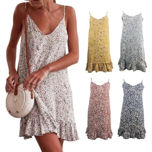 Women Sexy Sleeveless V Neck Backless Flower Print Ruffles Beach Mini Slip Dress
