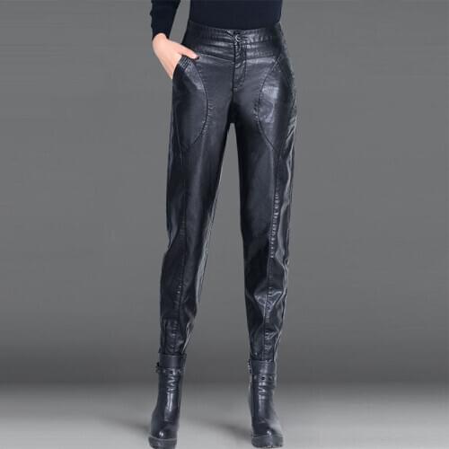 2021 Faux Leather PU Harem Pants Women Casual Elegant Black Trousers High Waist Ladies Capris Autumn Bottom Plus Size 5XL Y66