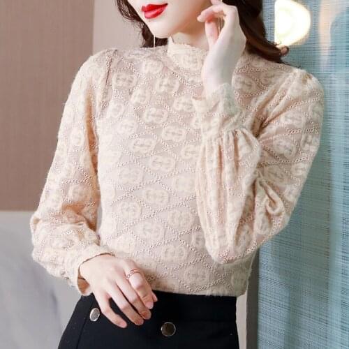2021 Fashion Autumn Women Lace Blouse Solid Tops for Women Hollow Out Waisted Clothes Women Half High Collar Female Basic Blouse