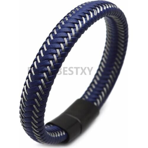 5pcs/lot New Men Bracelet Stainless Steel Magnetic Clasp Braided Leather Bracelet Blue Black leather bracelets with steel wire
