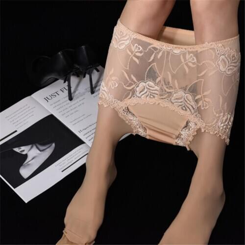 Large Size High Waist Fake Panties Sexy Tights Lace Perspective Sexy Oil Shiny Pantyhose Collant Women Erotic Lingerie Stockings