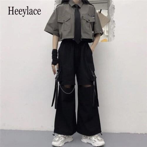 Gothic Streetwear Womens Cargo Pants with Chain Punk Techwear Black Oversize Korean Fashion Wide Leg Trousers 2021 Alt