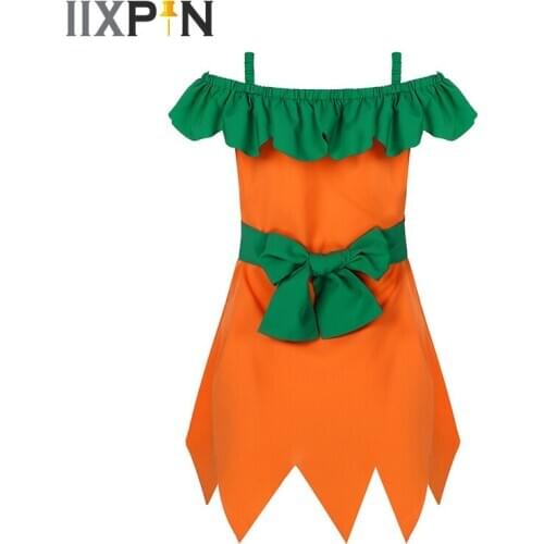 Orange Pumpkin Kids Girls Halloween Costume Sleeveless Elastic Shoulder Straps Ruffled Neck Halloween Cosplay Fancy Dress