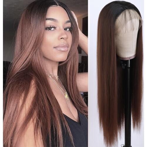 TaBeWay 13x4 Long Straight Lace Front Wigs Ombre Brown Color Wig Heat Resistant Synthetic Lace Front Wigs for Fashion Women