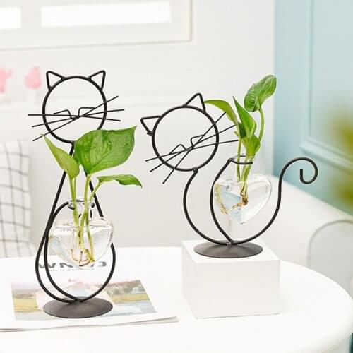 Hydroponic Plant Vases Cute Cat Flower Pot Transparent Vase Iron Frame Glass Tabletop Plants Home Bonsai Decor