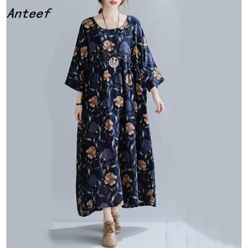 Plus size cotton linen vintage floral dresses for women casual loose long woman summer dress elegant clothes 2021 sundress