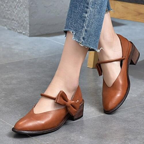 Sweet bow pointed smallGenuine Leather shoes leather womens shoes 2021 spring and autumn cowhide mid-heel low-top shoes