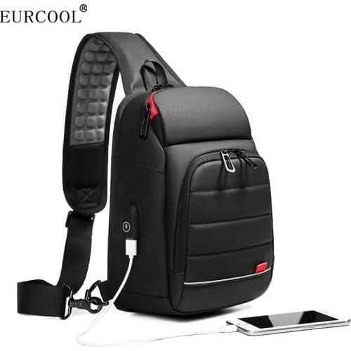 EURCOOL Men Chest Bag for 9.7" iPad USB Backpack Charging Short Trip Messenger Bags Water Repellent Crossbody Shoulder Bag n1901