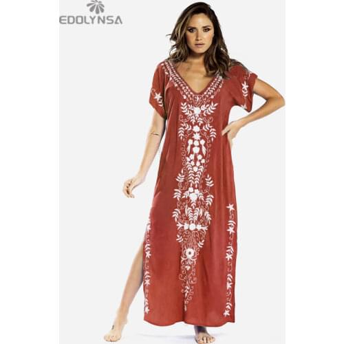 Embroidery Cotton Beach Cover up Saida de Praia Swimsuit Women Bikini cover up Tunics for Beach Pareo Sarong Beachwear Q790