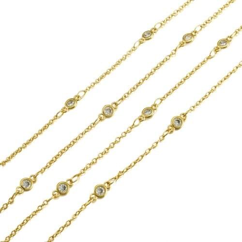 2 meter Soldered Handmade Brass Cubic Zirconia Chains Long-Lasting Plated Real Gold Plated for Jewelry Making DIY Findings