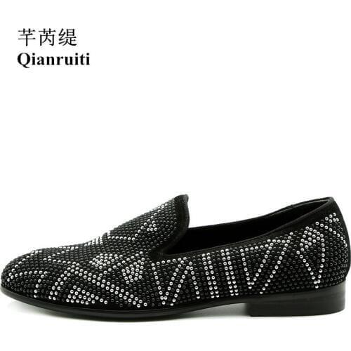 Qianruiti Strass Rhinestones Men Casual Shoes Slip-on Loafers Low Heel Sheepskin Suede Luxury Handmade Casual Shoes EU39-EU46