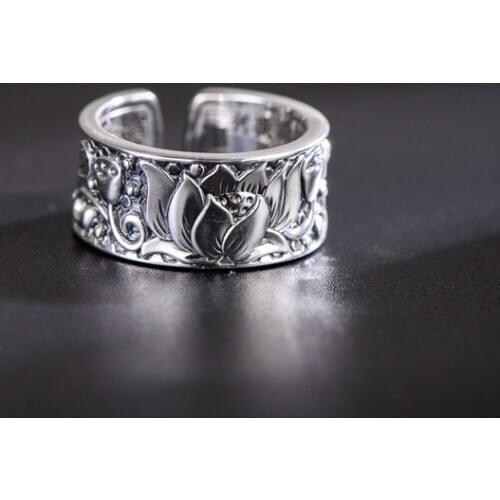 S925 Fine Sterling Silver Ring Women Men Retro Sutra Word Lotus Open Ring US 8-10