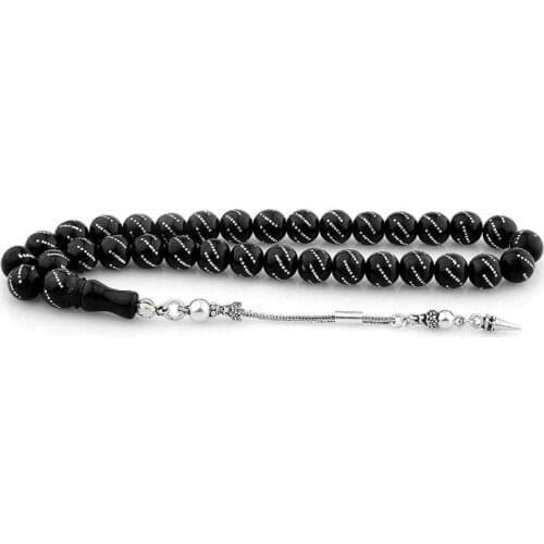 Silver Inlaid Jet Rosary (Tasbih) with Spear Style Tassel