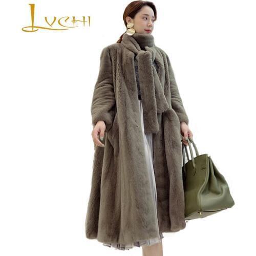 LVCHI Winter 2019 Import Real Mink Fur Coats Womens Long Sleeve Sashes Coat Full Pelt Causal With Scarf Causal Slim Mink Coats