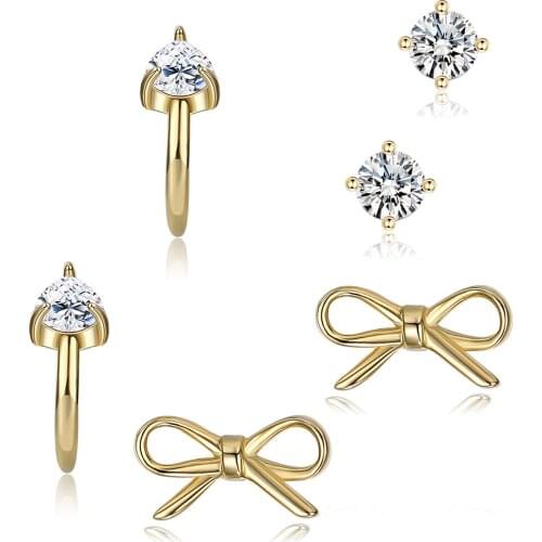 SILVERHOO 925 Sterling Silver Jewelry Cute Bow-Knot Tiny Earrings For Women Girl Clear CZ Gold Color Studs Earring Sets Hot Sale