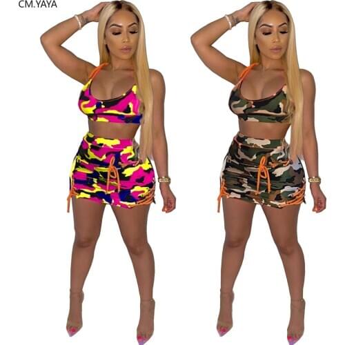 CM.YAYA Sexy Club Leopard Print Women Set Two Piece Set Tracksuit Tank Tops Lace Up Bodycon Mini Skirt Suit Fitness Outfit Dress