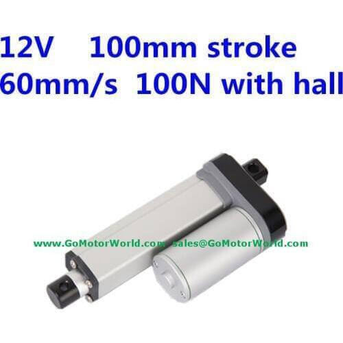Waterproof IP 65 12V 100mm 4inch stroke 60mm/s speed 100N 22Pounds load linear actuator with Hall signal feedback