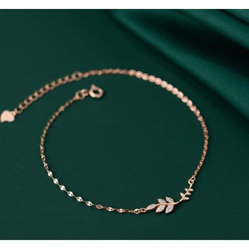 925 Sterling Silver Womens Anklet Leaves Foot Bracelets On Leg Rose Gold Color Asymmetry 21CM Adjustable Minimalist