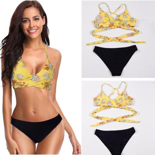 Women Sexy Summer Floral Two-piece Swimwear Bikini Set Ladies Push-up Unpadded Bra Bathing Suit Swimsuit Flower Swimming