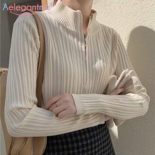 Aelegantmis Vintage Knitted Pullover Sweater Women Stand UP Collar Basis Casual Gray Jumpers Korean Chic Half Zipper 3 Colors