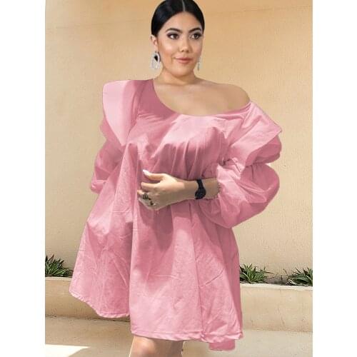 Off Shoulder Dress Plus Size Women Long Lantern Sleeves Loose Mini Shirt Dresses for Ladies Office Casual Gowns Dropshipping