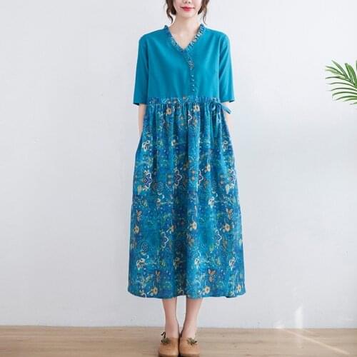 Women Summer Cotton Linen Casual Dress New Arrival 2021 Vintage Style Patchwork Floral Print Ladies A-line Long Dresses B060