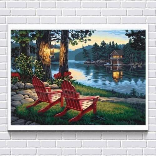 5d diy full square drill diamond Lakeside chairs painting embroidery Diamond Cross Stitch mosaic needlework Home Wall Decor Gift