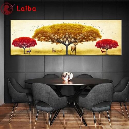 Diamond Painting Nordic style, golden red trees, deer scenery 5d Diamond Embroidery Full Diamond Mosaic Cross Stitch Decoration