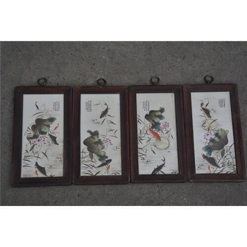 Antique QingDynasty Handmade porcelain brand painting,Lotus&Fish,4 pieces/pack,Hand-painted crafts,best collection& adornment