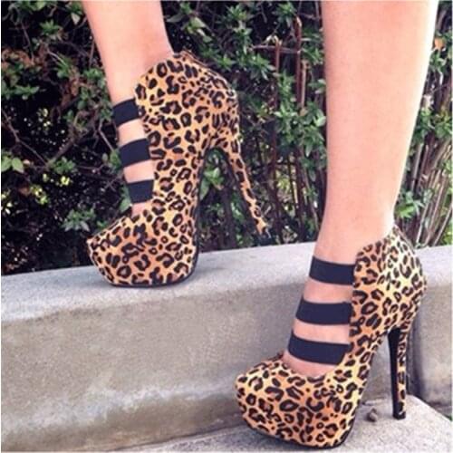 ASHIOFU Handmade Women High Heel Pumps Elastic-bands Sexy Party Club Shoes Platform Round-toe Leopard Fashion Evening Court Shoe