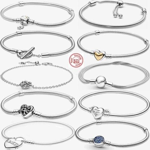 Charm 925 Sterling Silver Bracelet Heart Angel Wings T-Bar Cuff Chain Sparkling Blue Disc Clasp Snake Chain Bracelet DIY Jewelry