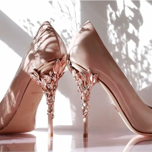 Patent Leather Brand Gold Leaves Bridal Wedding Shoes Eden High Heel Women Party Drees Women Shoes Pointed Toe