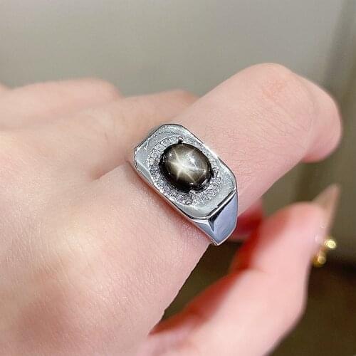 Natural starlight sapphire mens rings star line good design atmosphere 925 silver finger ring number can be customized