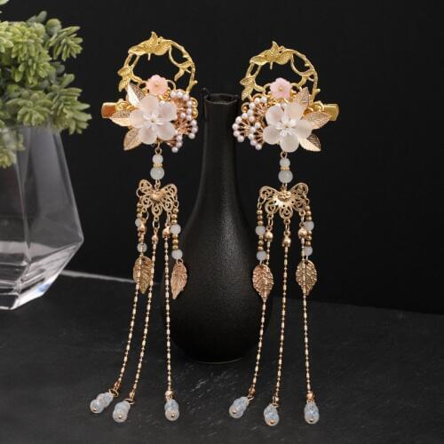 FORSEVEN 1 Pair Flower Leaf Pearls Long Tassel Pendant Hanfu Dress Chinese Hairpins Clips for Women Girls Wedding Hair Ornaments