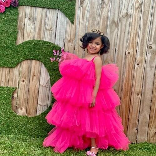 Fuchsia Ball Gowns Flower Girl Dresses Spaghetti Straps Tiered Tulle Girls Pageant Dress Kids Birthday Party Gowns Hot Pink