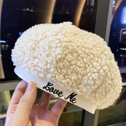 Lamb cashmere beret hat women autumn letters embroidery painter cap winter fashion warmth thickened beanie hat