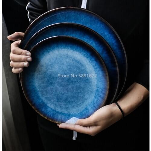 Ceramic Western Style Blue Round Flat Tray Food Steak Dinner Plate Tableware