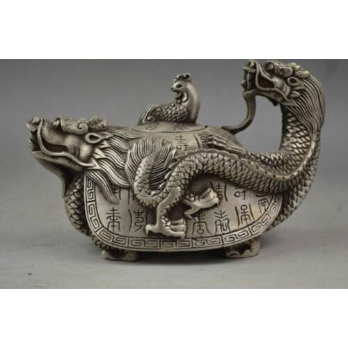 Collectible China Old Handwork Tibet Silver Carved Dragon Tortoise Tea Pot