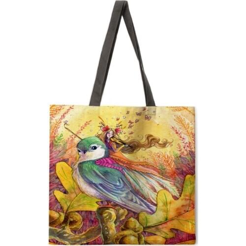 Beautiful Flower Fairy Printed Tote Bag Reusable Beach Bag Linen Casual Womens Shoulder Bag Foldable Shopping Bag