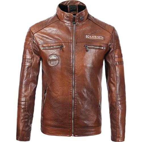 Motorcycle PU leather jacket men winter plus velvet thicken leisure embroidery badge stand collar casaco masculino black brown