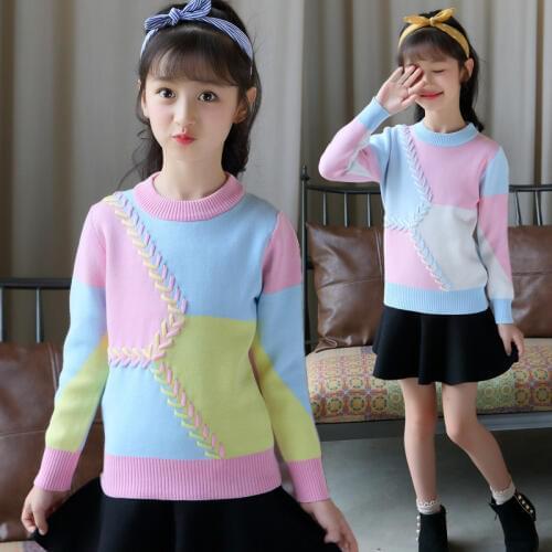 New Arrival Plus Size Girls Fashion Knitted Sweater Korean Kids Cute Weave Spliced Pullovers Children Multicolored Knitwear B60