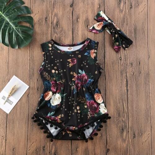 Newborn Infant Baby Girl Floral Romper Jumpsuit Headband Outfit Clothes Sleeveless Tassel Rompers 0-24M