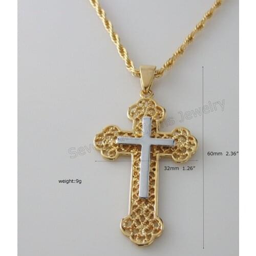 YELLOW WHITE GOLD OVERLAY 24INCH ROPE NECKLACE& LORD JESUS CROSS CRUCIFIX PENDANT HANGS 2.36"