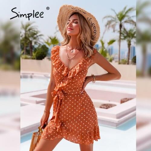 Simplee Sexy v-neck sleeveless polka dot women dress Elegant lace up ruffles short sundress Summer style ladies dress 2021 new