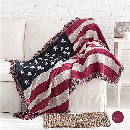 Hot Seasonal American Double Sided Cotton Woven Couch Tapestry Throw Blanket Featuring Decorative Tassels US Flag The Old Glory