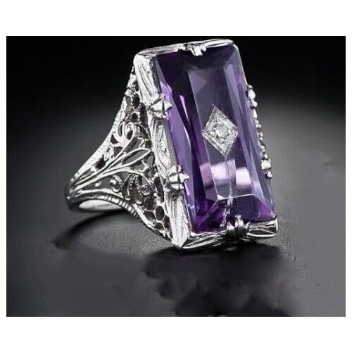 Silver Plated Ring Rectangular Purple Crystal Princess Gem Ring Hollow Flower Female Ring Female Jewelry Cocktail Ring