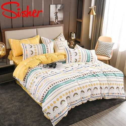 Nordic Cartoon Bedding Set Floral Leaf Print Bed Linen Sheet Rainbow Duvet Cover Set Single Double Queen Bedclothes Quilt Covers