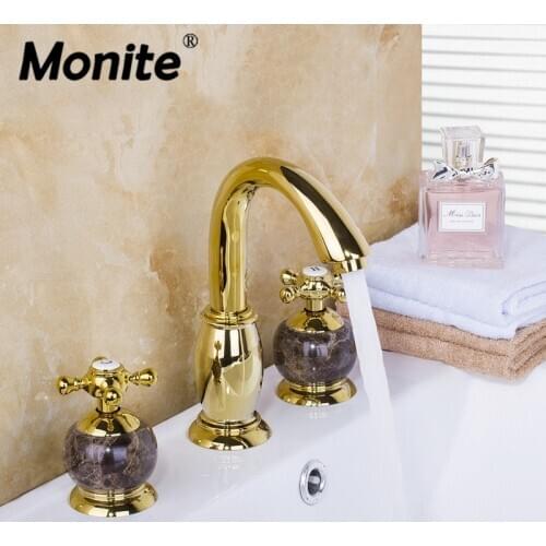 Jade Basin MixerGolden Plated Bathroom Faucet Jade Faucet Body 3PCS Set Golden Polish Bathtub Shower Basin Mixer Tap Faucet