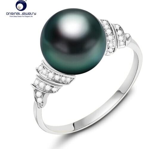 YS 18k Solid Gold Saltwater Pearl Ring 11-12mm Black Pearl Ring Tahitian Pearl Wedding Ring