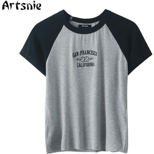 Artsnie gray letter embroidery t shirt women summer o neck short sleeve crop tops femme streetwear cotton cropped t-shirt mujer